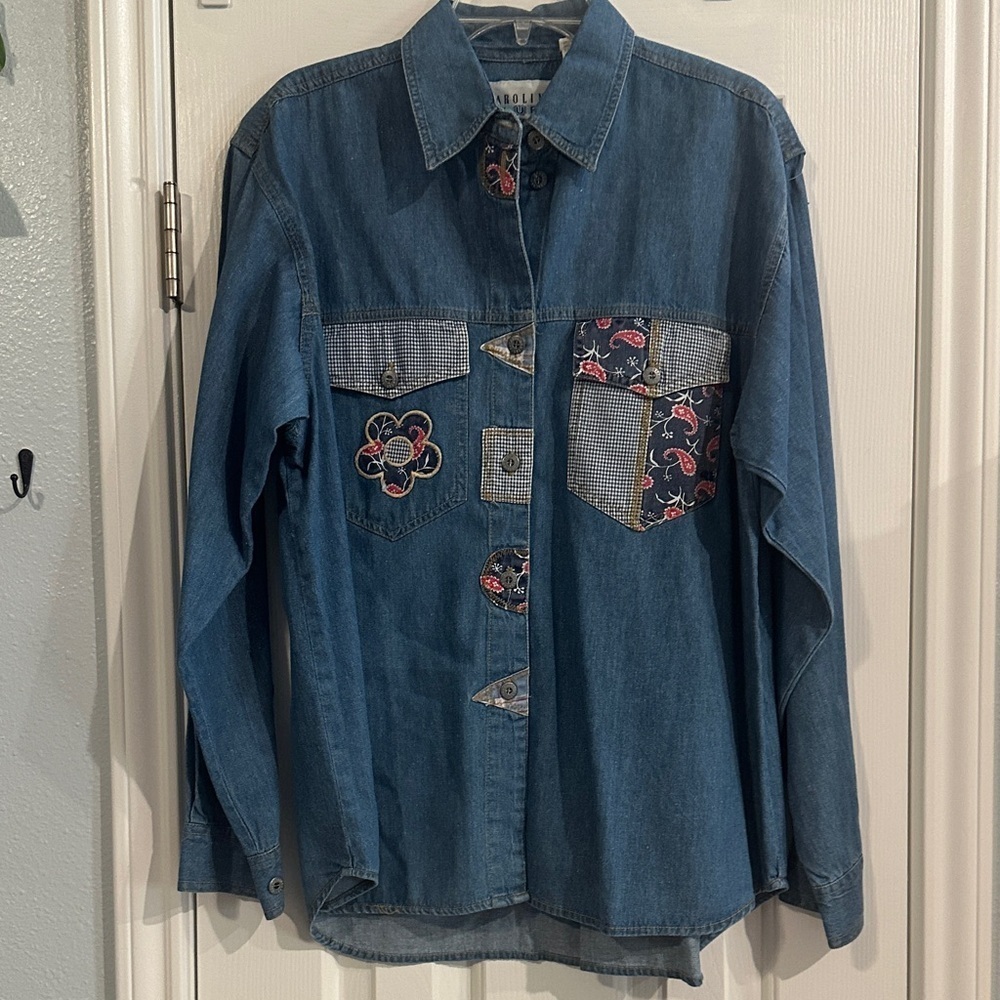 Carolina Blue Vintage Denim Button Down Floral Patchwork Embroidery 100% Cotton